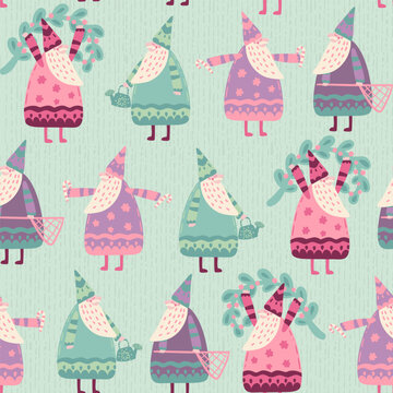 Decorative funny Christmas elves vector pattern. Winter New Year's magical characters in party hats on a green background. Festive cartoon print for gift wrapping paper in Scandinavian folk style.