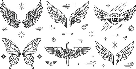 Fototapeta premium Wings vector set with angel mechanical butterfly aviation propeller shield and geometric cyberpunk line art icon design elements