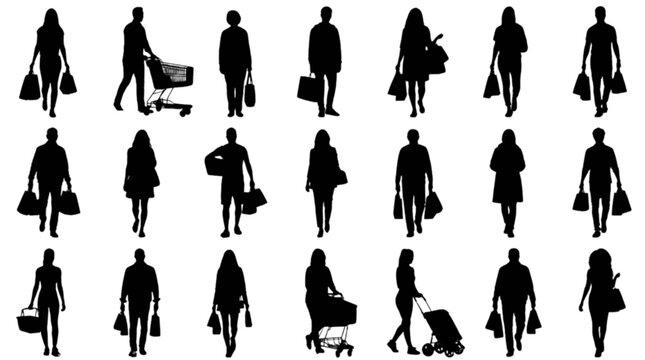 Silhouettes of people with luggage and strollers
