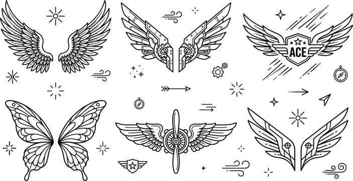 Wings vector set with angel mechanical butterfly aviation propeller shield and geometric cyberpunk line art icon design elements