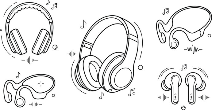 Wireless headphones and earbuds outline icon set with bone conduction headset music notes and sound waves vector illustration
