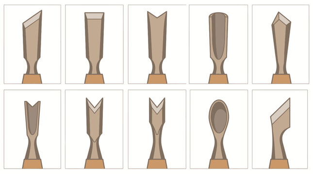 Set of 10 wood carving detail chisel tip angles vector illustrations, flat design for carpentry tools and woodworking craftsmanship concepts
