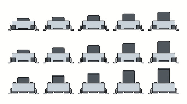 Set of 10 SMD Tactile Button Switch Actuator Heights in Flat Vector Style for Electronic Interface and Circuit Control