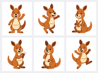 Cute kangaroo cartoon character collection with joyful poses and expressive emotions. Kawaii Australian animal vector set for stickers and kids designs © Amie