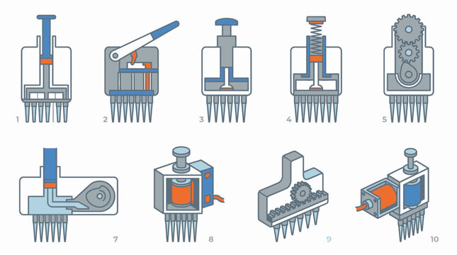 Set of 10 Multi-Channel Pipette Ejection Mechanisms in Flat Vector Style for High-Volume Lab Research and Efficiency