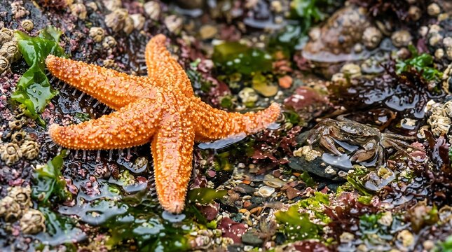An orange starfish with five arms rests on a wet, algae-covered rock surface in a tide pool, surrounded by barnacles and a small crab.