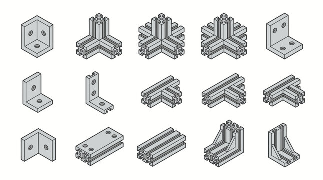 Set of 10 T-Slot Aluminum Extrusion Joint Brackets in Flat Vector Style for Structural Engineering and Modular Assembly