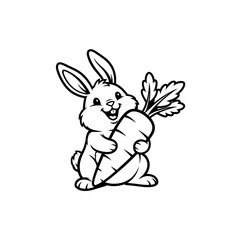 Fototapeta premium Delightful cartoon rabbit with a cheerful expression joyfully embracing a fresh, oversized carrot, perfect for charming springtime designs and wholesome natural themes