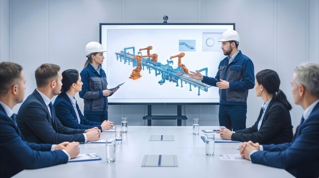 Team of engineers presenting automated factory design to corporate executives in modern conference room. Technical briefing on robotic assembly line implementation for manufacturing optimization.