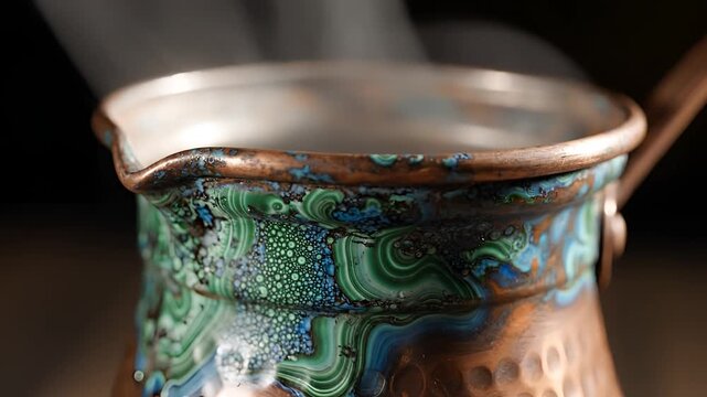 Closeup of an antique hammered copper cezve with malachite patina.