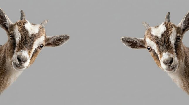 Two curious young goats with distinctive white markings on their foreheads peek from opposite sides of a neutral gray background.