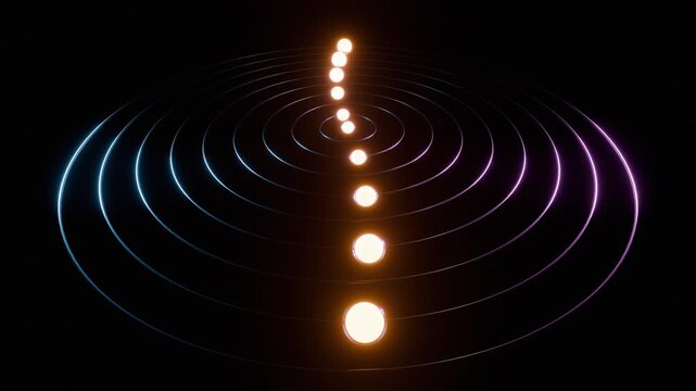 Glowing Spheres Orbiting on Concentric Rings Abstract Technology Background. Loopable. 4K