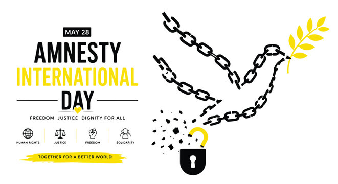 Creative Amnesty International Day awareness illustration, symbolic broken chains forming a peace dove, powerful yellow and black contrast, modern humanitarian campaign style, emotional global unity