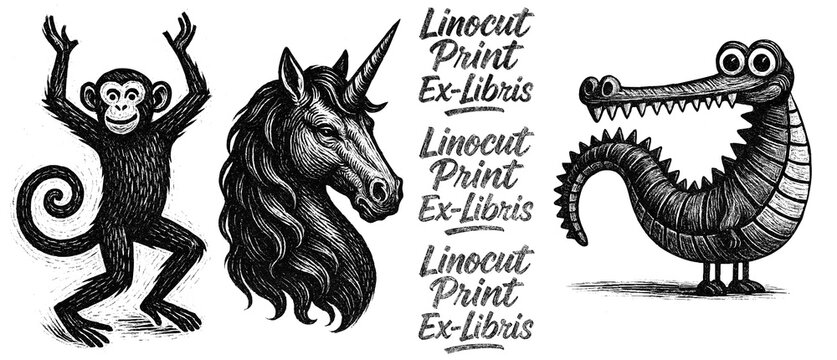crocodile, dancing monkey, horse, tattoo, print, linocut stamp, ex libris, ink