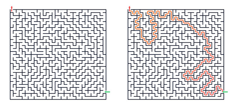 A square maze with an entrance and exit, 30*32 cells. A vector maze puzzle game with a solution. Number 02