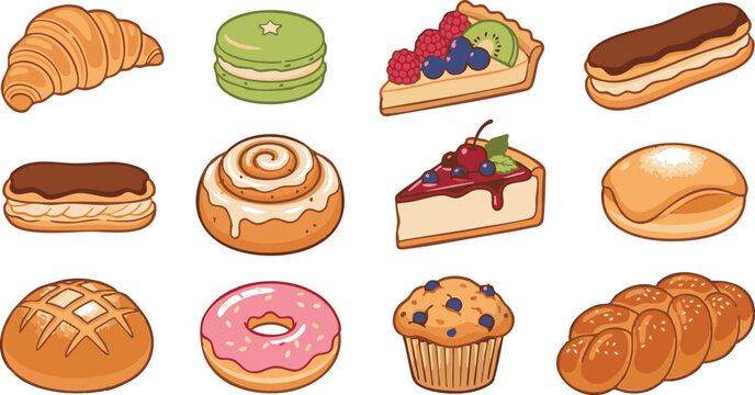 Delicious Bakery and Pastry Set Vector Icons of Sweet Desserts