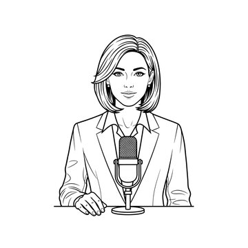 Professional female podcast host or newscaster talking into a vintage microphone, a detailed line art illustration perfect for media and broadcast content creation
