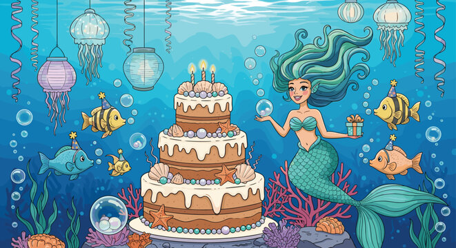 Beautiful mermaid celebrates her birthday underwater with sea creatures, a giant three-tier cake, festive decorations, and glowing jellyfish lanterns.