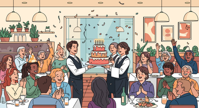Large group of happy family and friends applaud as waitstaff bring out a tiered birthday cake at a lively celebration in a modern restaurant.