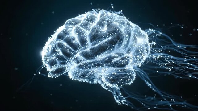 Glowing Brain Particle Abstract Neural Network Electric Signal Flowing Outward, Digital Science Concept, Blue Light Particle Cloud, Dark Background, SEO Friendly Title