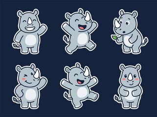 Cute rhino cartoon mascot collection with playful expressions and adorable poses. Kawaii safari animal vector sticker set for kids and nursery use © Amie