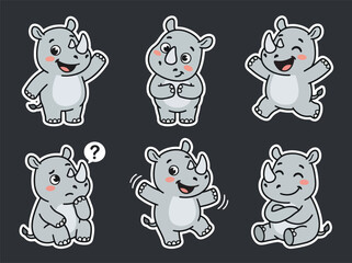 Cute rhino cartoon mascot collection with playful expressions and adorable poses. Kawaii safari animal vector sticker set for kids and nursery use © Amie