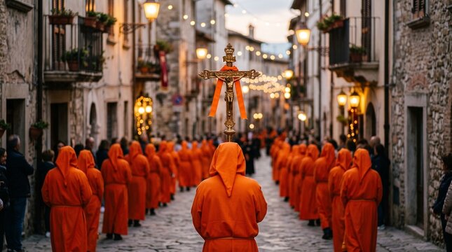 Holy week religious procession with hooded figures in orange robes carrying a crucifix