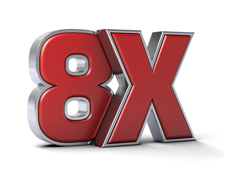 8X 3D metal and red text isolated on transparent background. 3d illustration.