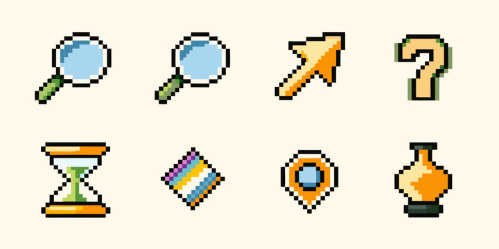 pixel art magnifying glass hourglass and potion icons set on a beige background high quality