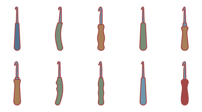Set of 10 weaving loom reed hooks vector illustrations, flat design elements for textile crafting and traditional fabric weaving concepts