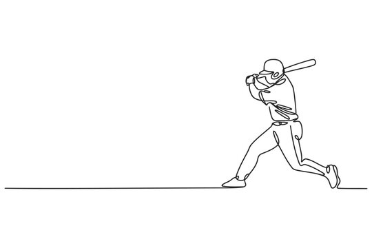 Baseball player swinging bat continuous line drawing line art white background single baseball competition recreation illustration minimalist silhouette sporting