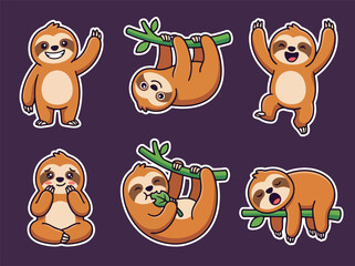 Fototapeta premium Cute sloth cartoon mascot collection with adorable expressions and relaxing poses. Kawaii jungle animal vector sticker set for kids and nursery themes