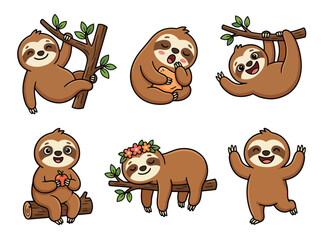 Fototapeta premium Cute sloth cartoon mascot collection with adorable expressions and relaxing poses. Kawaii jungle animal vector sticker set for kids and nursery themes