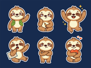 Fototapeta premium Cute sloth cartoon mascot collection with adorable expressions and relaxing poses. Kawaii jungle animal vector sticker set for kids and nursery themes