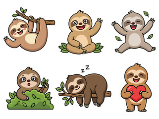 Fototapeta premium Cute sloth cartoon mascot collection with adorable expressions and relaxing poses. Kawaii jungle animal vector sticker set for kids and nursery themes