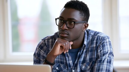 Obraz premium A thoughtful man wearing glasses looks into the distance while seated in a bright indoor setting