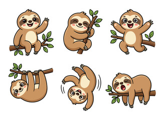 Fototapeta premium Cute sloth cartoon mascot collection with adorable expressions and relaxing poses. Kawaii jungle animal vector sticker set for kids and nursery themes