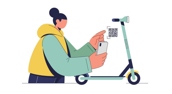 Woman Scanning QR Code to Unlock Electric Scooter Flat Vector Illustration for Urban Mobility and Shared Transportation Technology Concepts