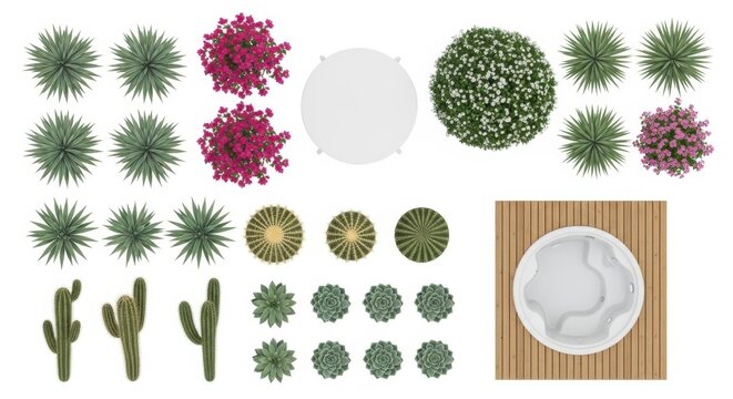 Collection of top view plants and trees, cactuses and flowers for landscape design