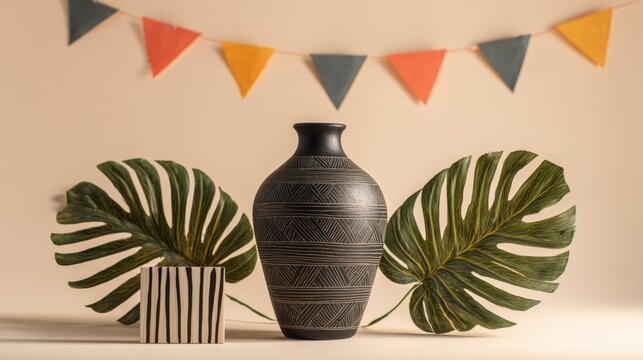 Black ceramic vase stands center stage. Large green monstera leaves flank its sides. Colorful triangular flags hang above in soft hues. Neutral beige wall forms calm, uncluttered backdrop