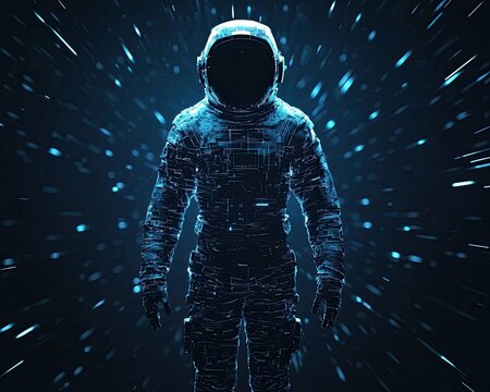 Cyber communication virtualization concept, Futuristic Astronaut Surrounded by Digital Particles in Space