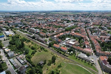 Fototapeta premium Prostejov old town historical city center in aerial panoramic view Moravia Czech republic