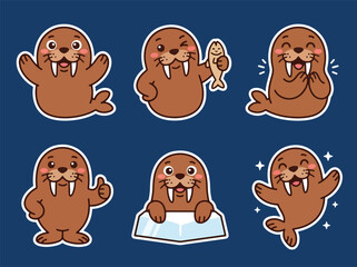 Cute walrus cartoon character collection with playful emotions and adorable poses. Kawaii arctic animal vector sticker set for kids and nursery use © Amie