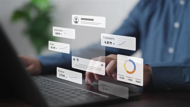 Social media analyst monitoring performance metrics on dashboard interface. Audience engagement tracking, digital marketing campaign analysis, data visualization, and content strategy optimization.