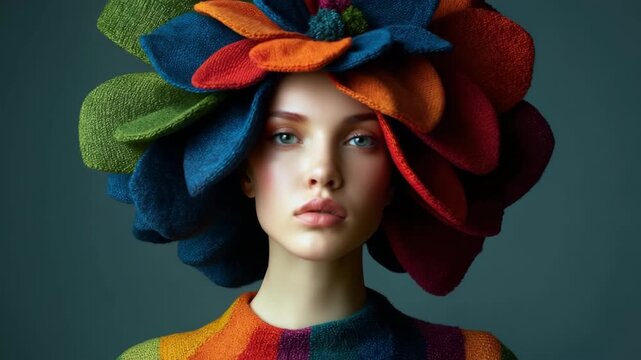 Fashion portrait woman colorful hat and textile with flower studio light, elegant closeup of creative style, abstract beauty, colorful clothing, dark background, SEO friendly vibrant fashion image
