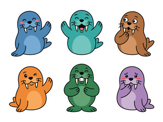 Cute walrus cartoon character collection with playful emotions and adorable poses. Kawaii arctic animal vector sticker set for kids and nursery use © Amie