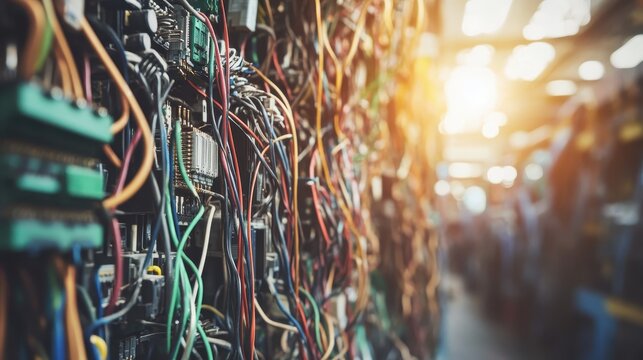 Chaotic tangle of outdated electronics and colorful cables in an industrial recycling plant with sunlight