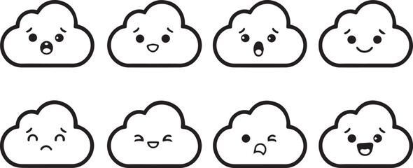 Fototapeta premium Cute Blushing Cloud Emoji Sticker Set, Kawaii Weather Cartoon Expressions Pack, Black and White Line Art Vector Illustration, Funny Food and Sky Mascot Icons Bundle