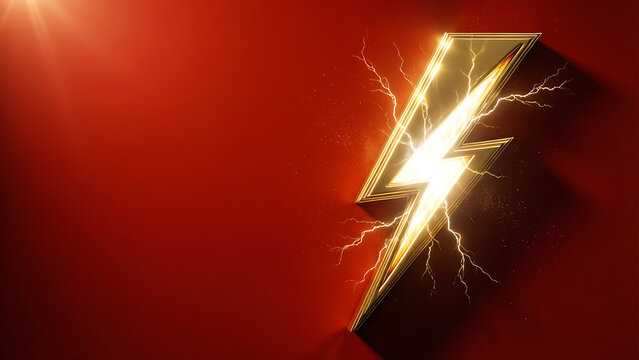 Symbole &eacute;clair dor&eacute; brillant avec &eacute;tincelles &eacute;lectriques sur fond rouge profond, illustration 3D de puissance et &eacute;nergie