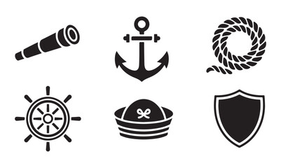 Nautical and maritime symbols anchor ship wheel rope sailor hat spyglass shield vector illustration. © Sen